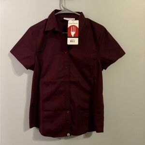 NWT Size Medium ChefWorks burgundy uniform short-sleeve, collared shirt.